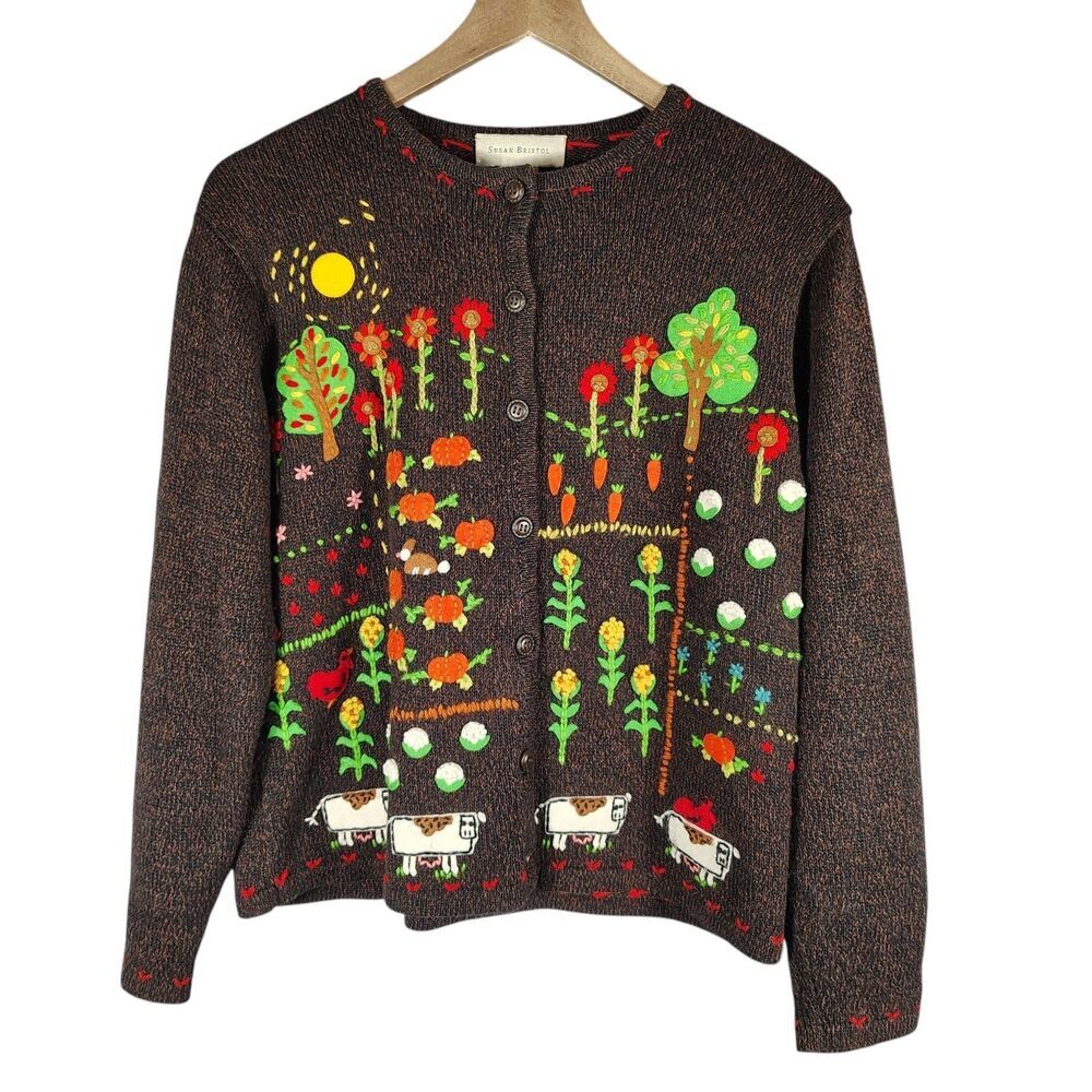 Vtg 90s Susan Bristol Farmcore Knit Cardigan M Sweater Cow Garden Cottagecore